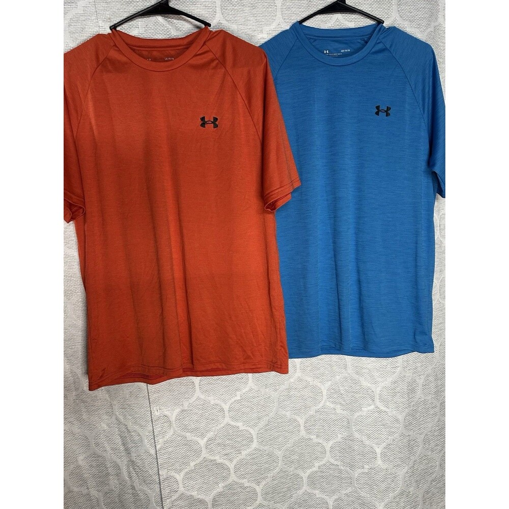 Lot of 2 Under Armour UA Tech Short Sleeve Shirts Orange Blue Mens Large
